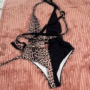 Leopard Print & Black Girls One-Piece Swimsuit
